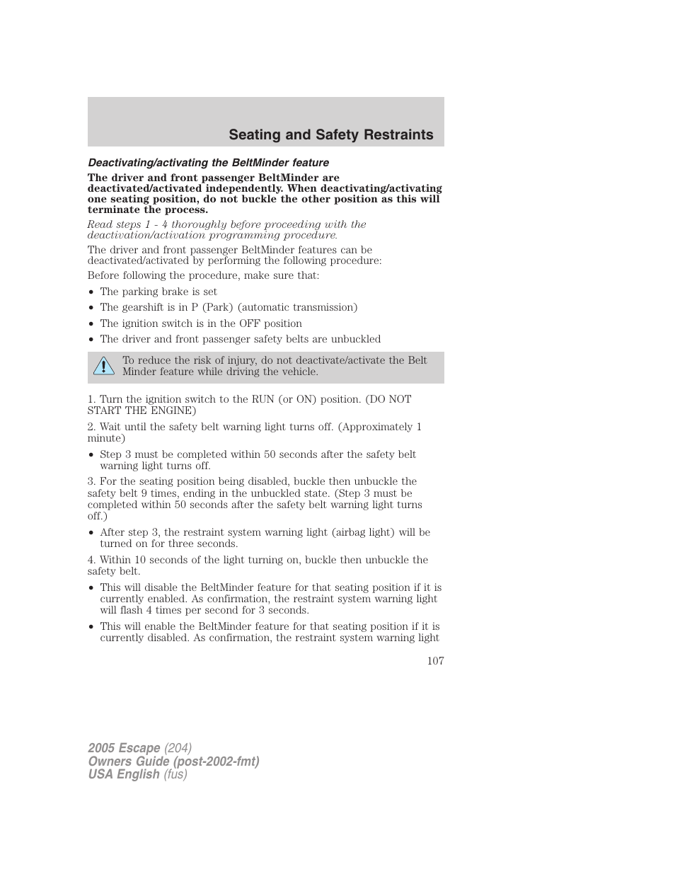 Seating and safety restraints | FORD 2005 Escape v.2 User Manual | Page 107 / 272