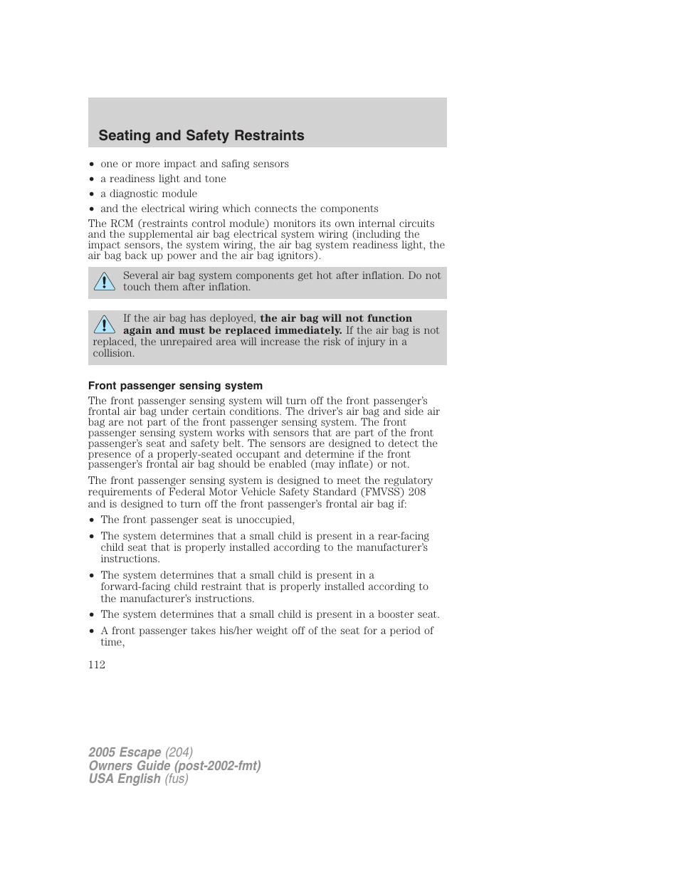 Seating and safety restraints | FORD 2005 Escape v.2 User Manual | Page 112 / 272