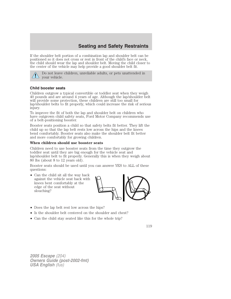 Seating and safety restraints | FORD 2005 Escape v.2 User Manual | Page 119 / 272
