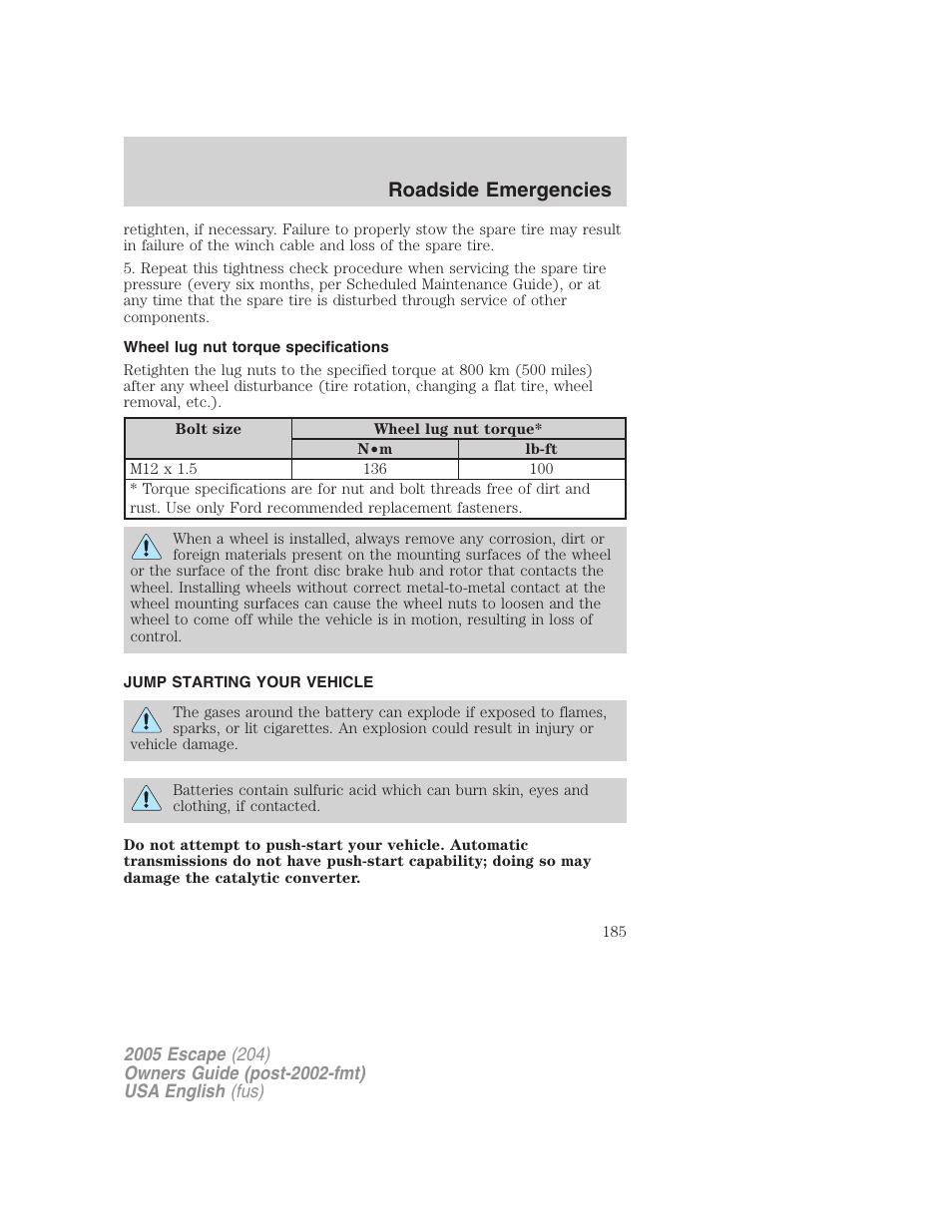 Roadside emergencies | FORD 2005 Escape v.2 User Manual | Page 185 / 272