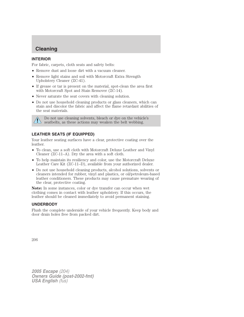 Cleaning | FORD 2005 Escape v.2 User Manual | Page 206 / 272