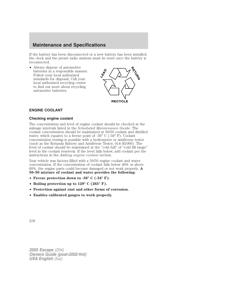 Maintenance and specifications | FORD 2005 Escape v.2 User Manual | Page 218 / 272