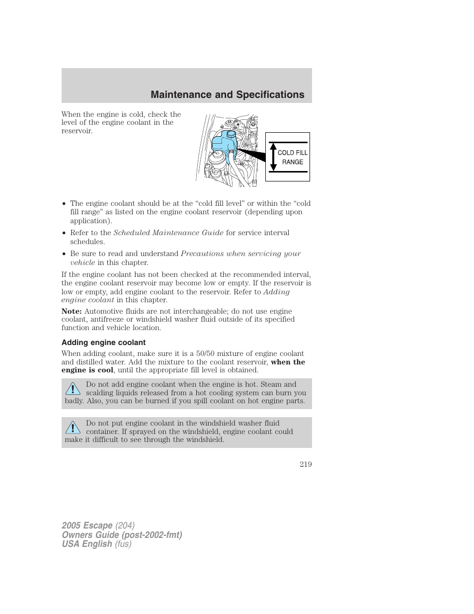 Maintenance and specifications | FORD 2005 Escape v.2 User Manual | Page 219 / 272