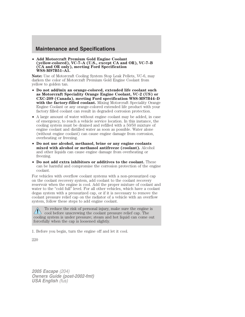 Maintenance and specifications | FORD 2005 Escape v.2 User Manual | Page 220 / 272