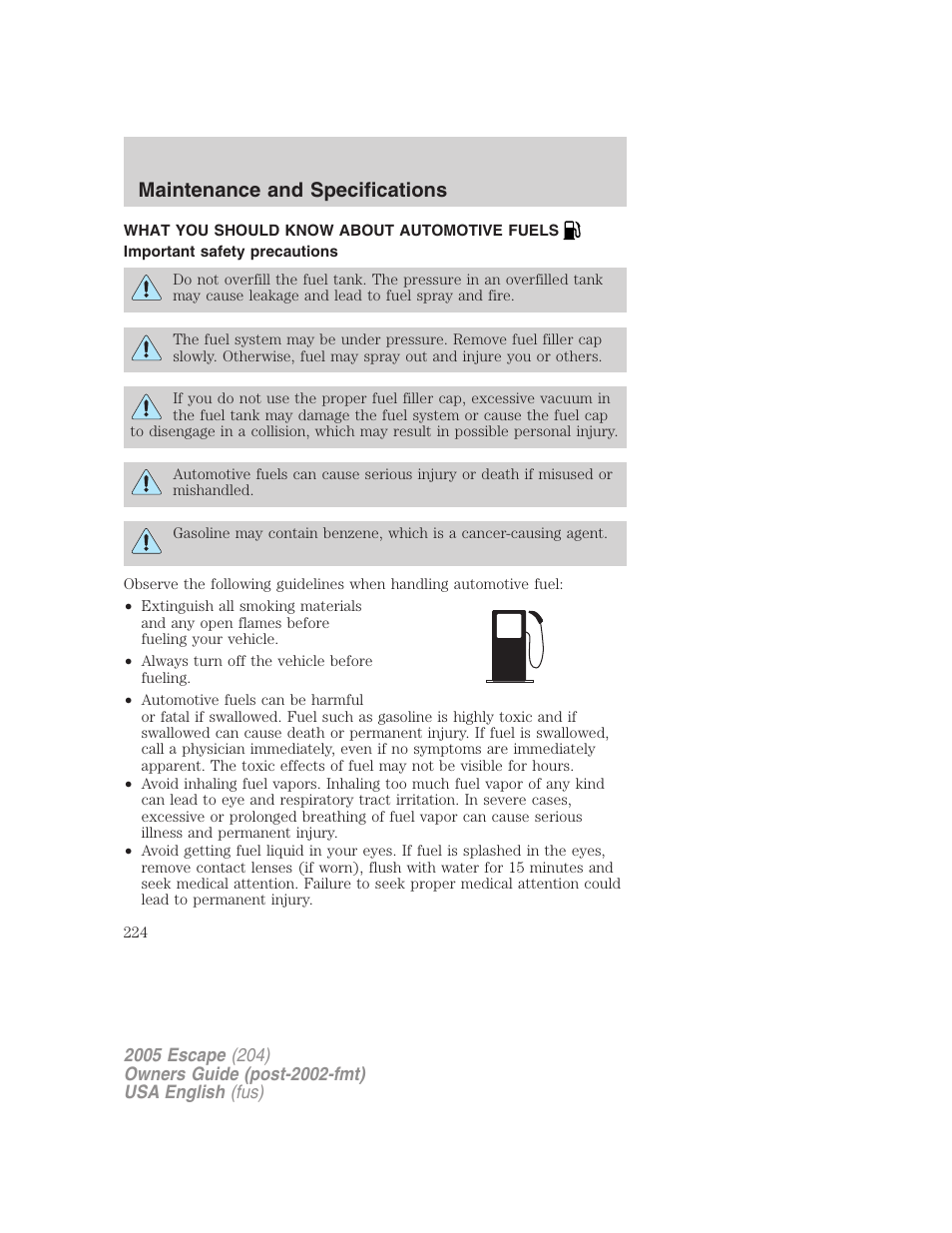 Maintenance and specifications | FORD 2005 Escape v.2 User Manual | Page 224 / 272