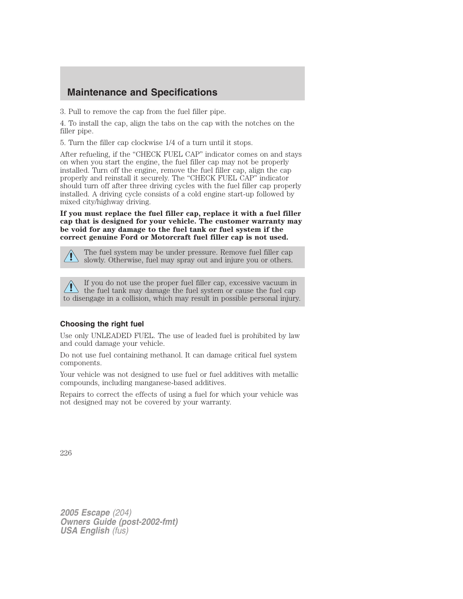 Maintenance and specifications | FORD 2005 Escape v.2 User Manual | Page 226 / 272