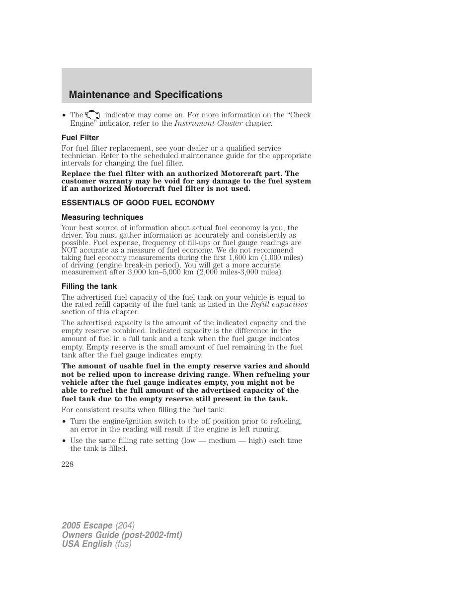 Maintenance and specifications | FORD 2005 Escape v.2 User Manual | Page 228 / 272
