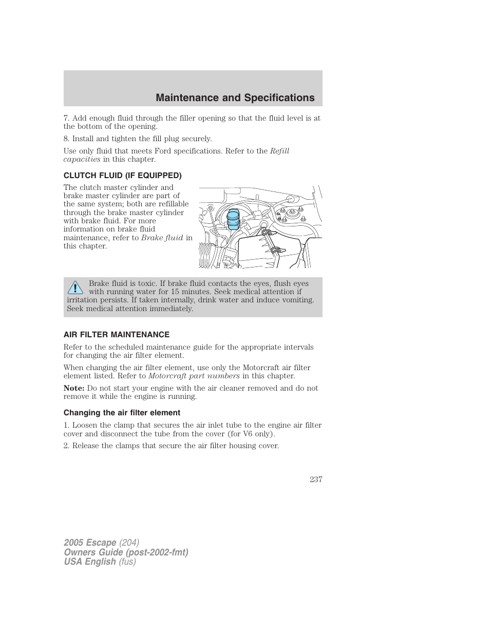 Maintenance and specifications | FORD 2005 Escape v.2 User Manual | Page 237 / 272