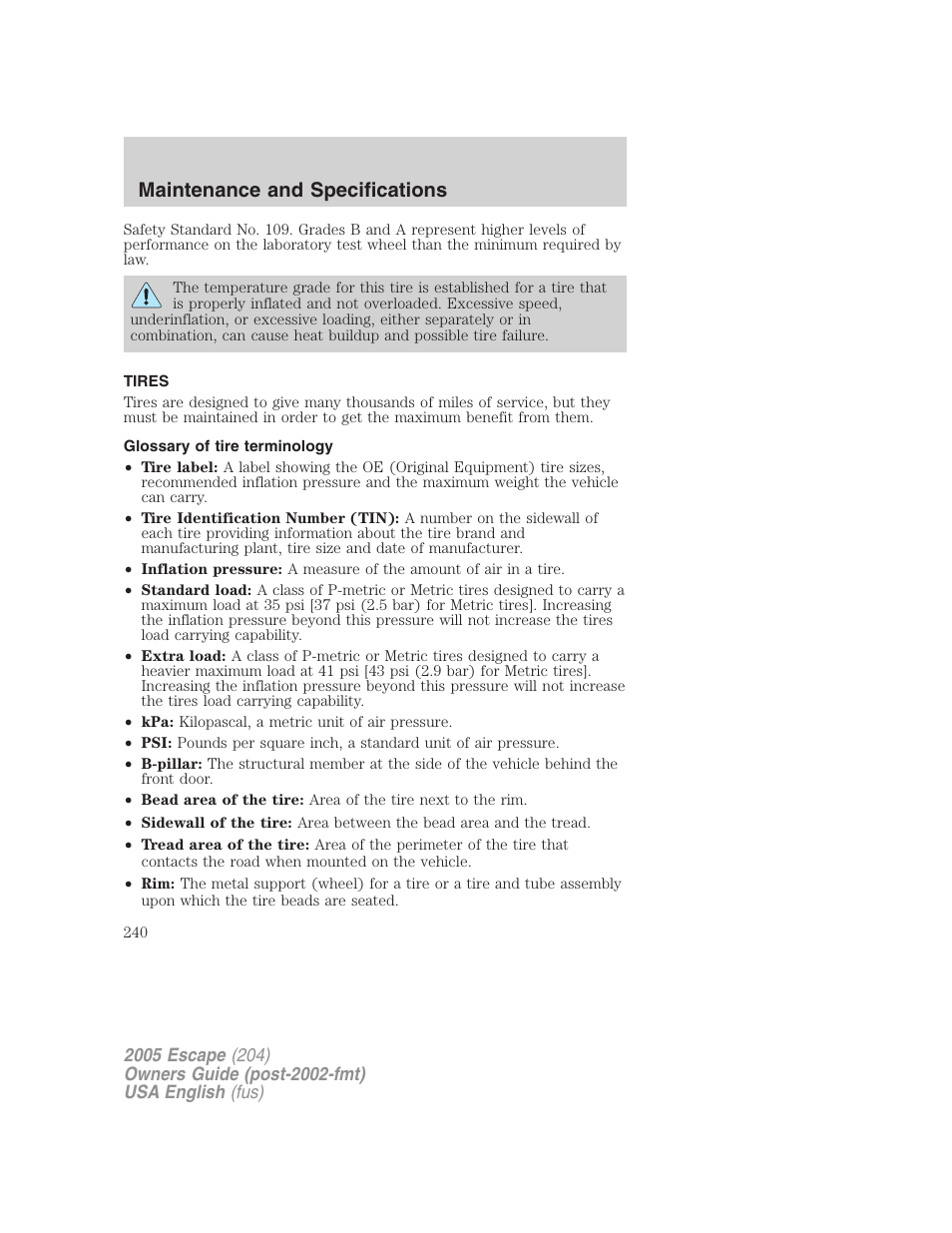 Maintenance and specifications | FORD 2005 Escape v.2 User Manual | Page 240 / 272