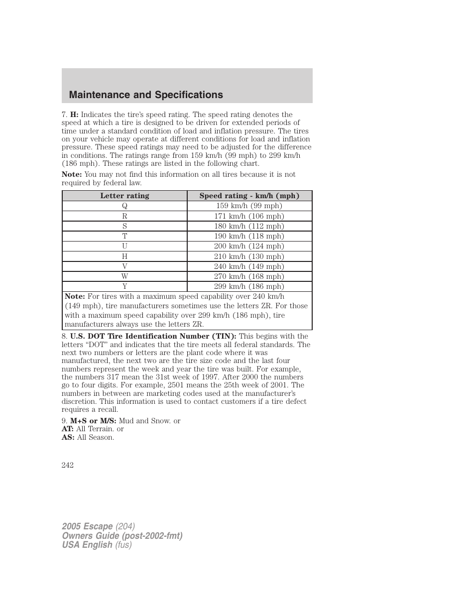 Maintenance and specifications | FORD 2005 Escape v.2 User Manual | Page 242 / 272