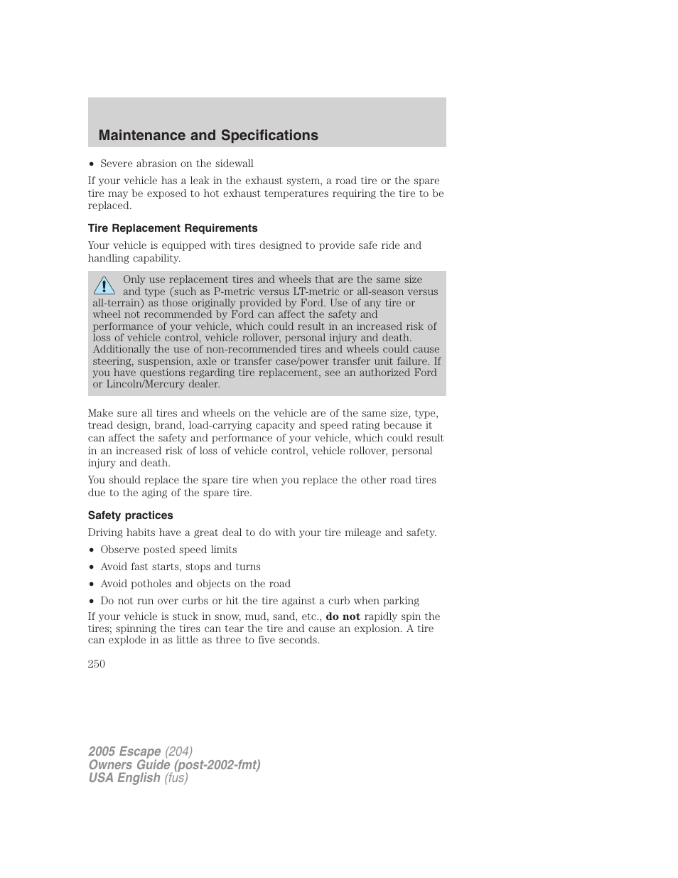 Maintenance and specifications | FORD 2005 Escape v.2 User Manual | Page 250 / 272