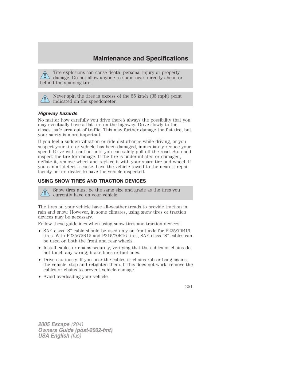 Maintenance and specifications | FORD 2005 Escape v.2 User Manual | Page 251 / 272
