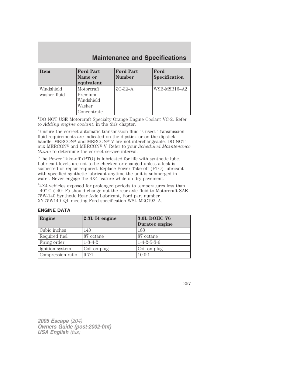 Maintenance and specifications | FORD 2005 Escape v.2 User Manual | Page 257 / 272
