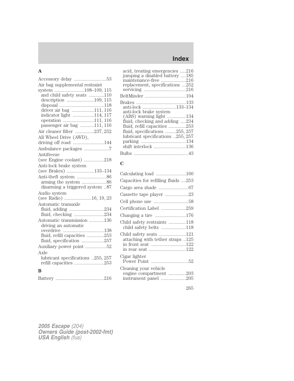 Index | FORD 2005 Escape v.2 User Manual | Page 265 / 272