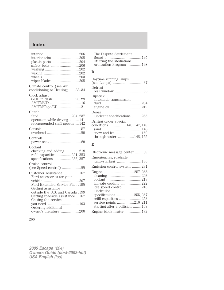 Index | FORD 2005 Escape v.2 User Manual | Page 266 / 272