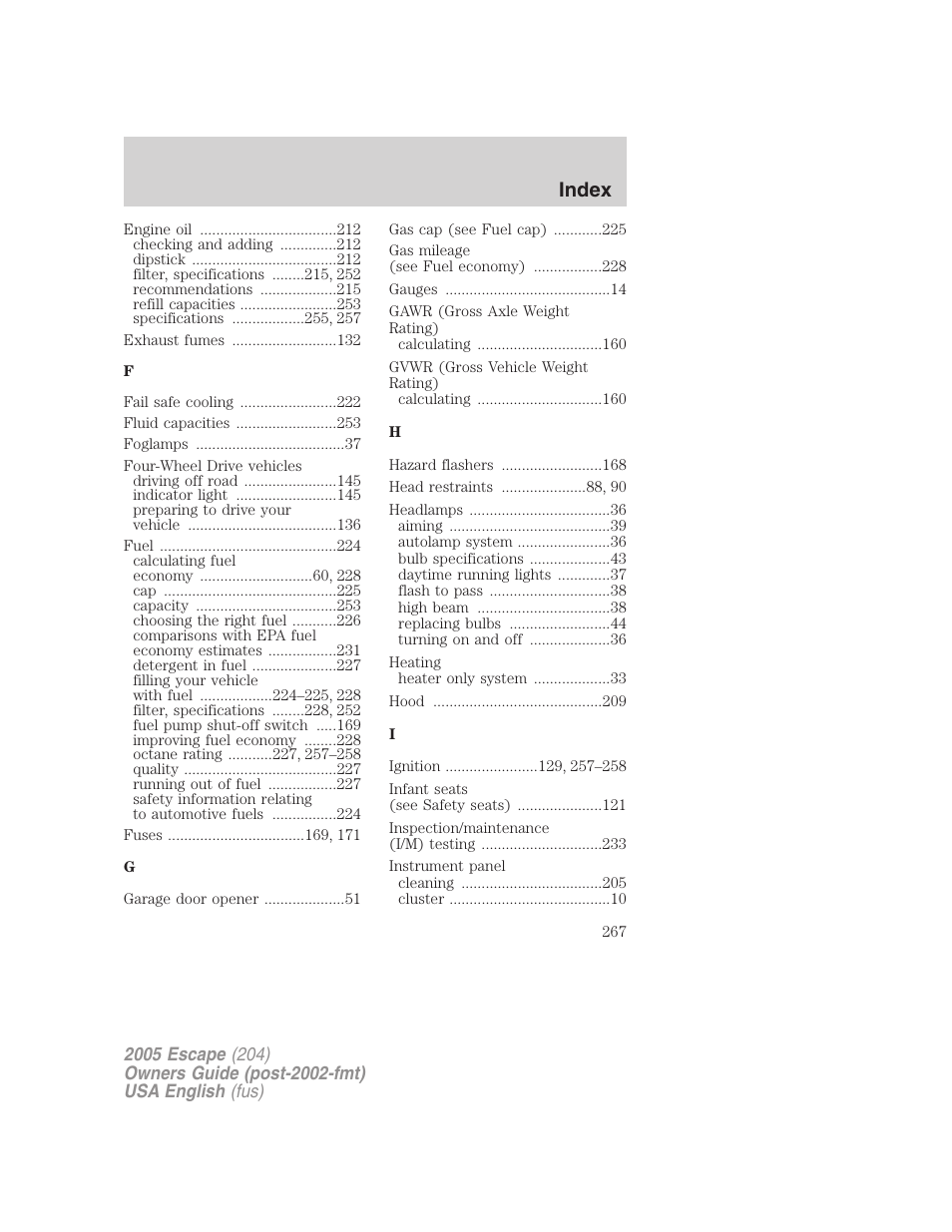 Index | FORD 2005 Escape v.2 User Manual | Page 267 / 272