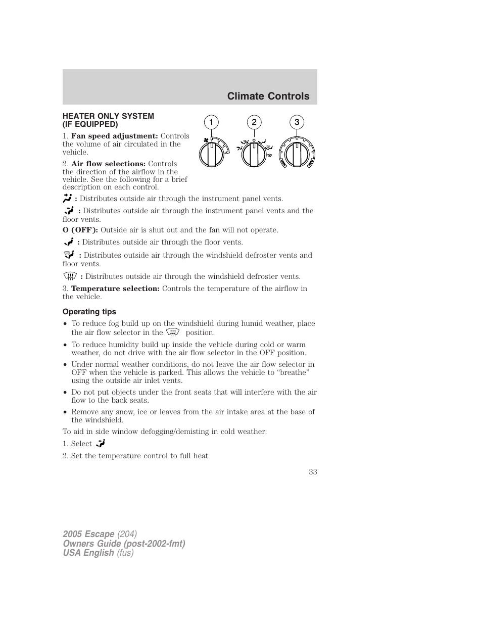 Climate controls | FORD 2005 Escape v.2 User Manual | Page 33 / 272