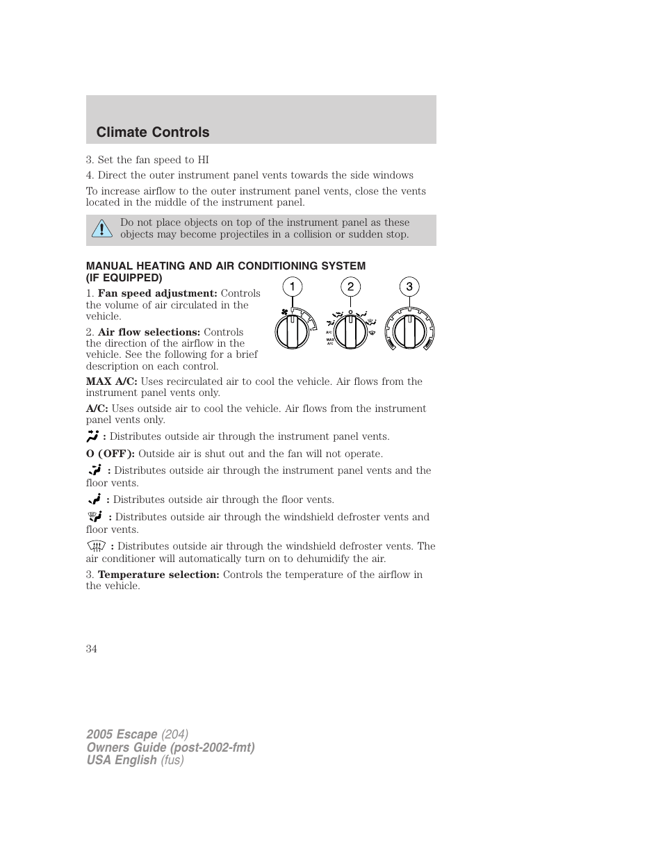 Climate controls | FORD 2005 Escape v.2 User Manual | Page 34 / 272