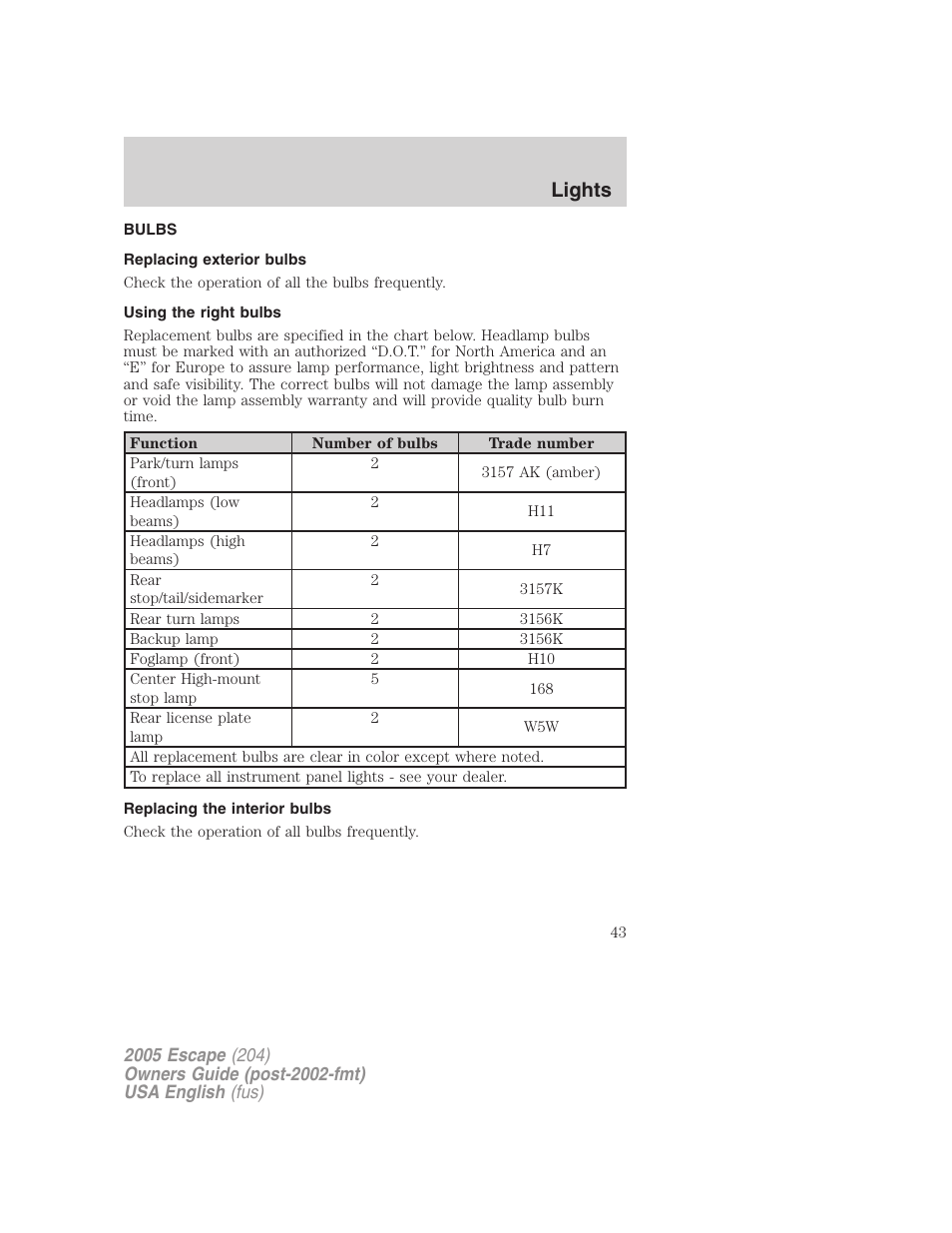 Lights | FORD 2005 Escape v.2 User Manual | Page 43 / 272