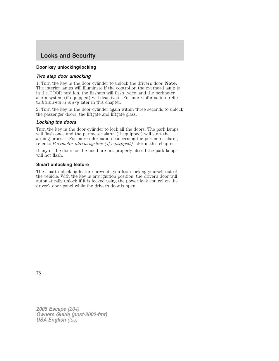 Locks and security | FORD 2005 Escape v.2 User Manual | Page 78 / 272