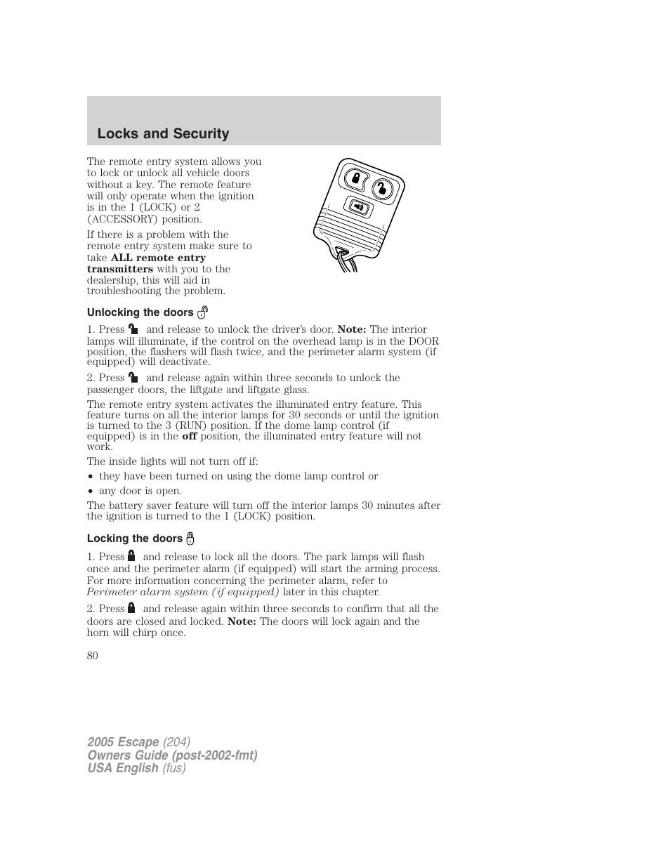 Locks and security | FORD 2005 Escape v.2 User Manual | Page 80 / 272
