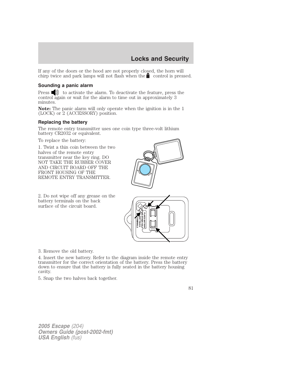 Locks and security | FORD 2005 Escape v.2 User Manual | Page 81 / 272