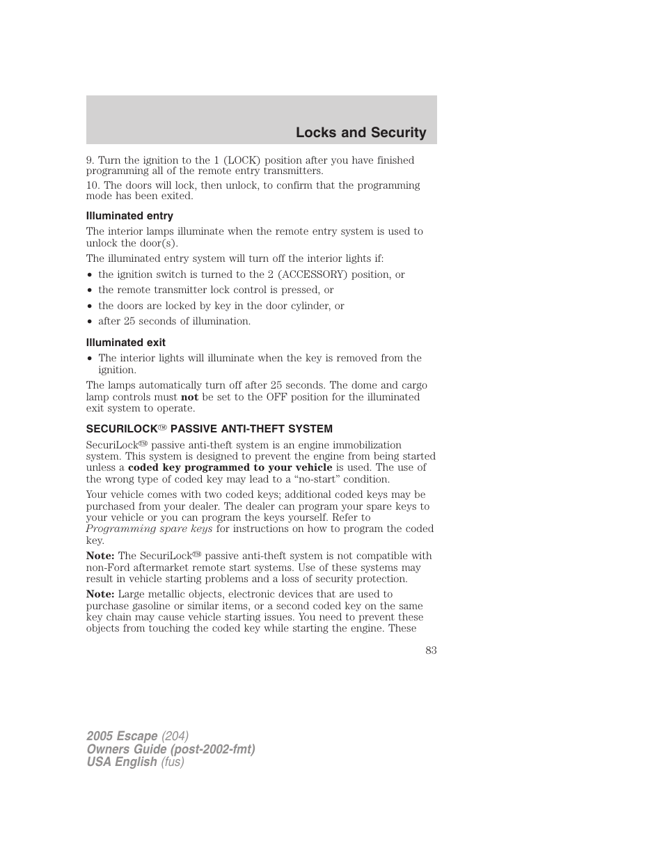 Locks and security | FORD 2005 Escape v.2 User Manual | Page 83 / 272
