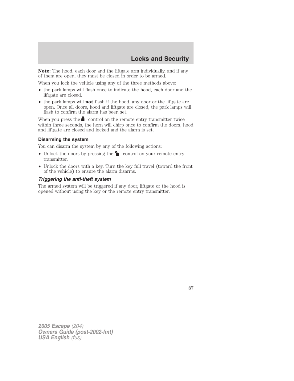 Locks and security | FORD 2005 Escape v.2 User Manual | Page 87 / 272