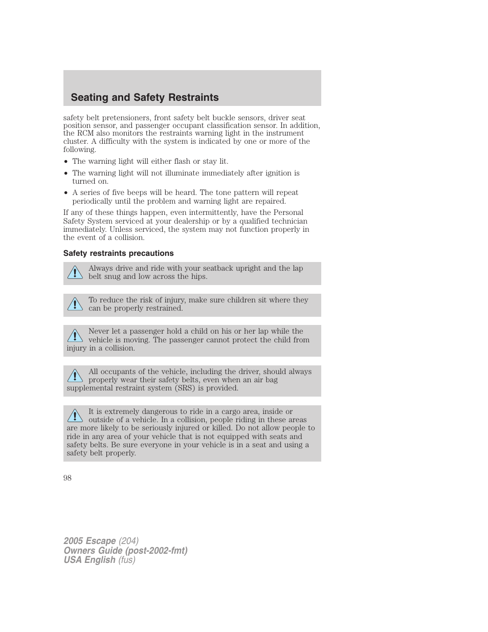 Seating and safety restraints | FORD 2005 Escape v.2 User Manual | Page 98 / 272