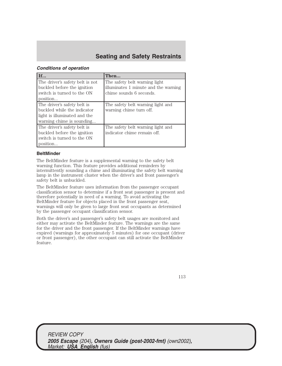 Seating and safety restraints | FORD 2005 Escape v.3 User Manual | Page 113 / 288