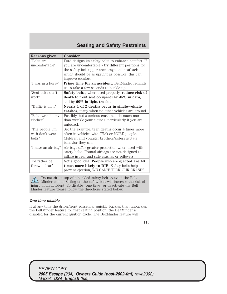 Seating and safety restraints | FORD 2005 Escape v.3 User Manual | Page 115 / 288