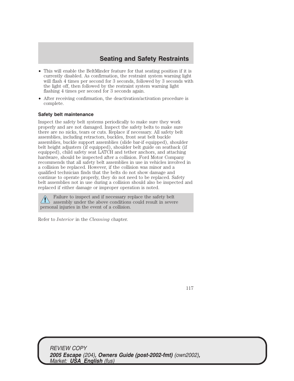 Seating and safety restraints | FORD 2005 Escape v.3 User Manual | Page 117 / 288