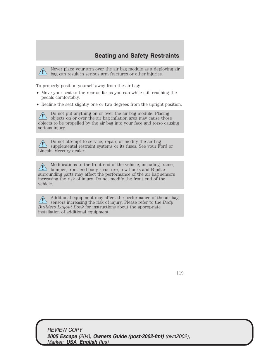 Seating and safety restraints | FORD 2005 Escape v.3 User Manual | Page 119 / 288