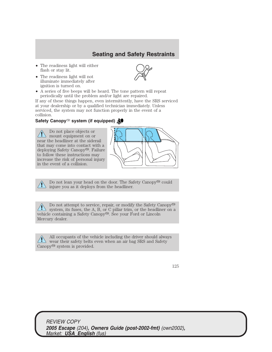 Seating and safety restraints | FORD 2005 Escape v.3 User Manual | Page 125 / 288