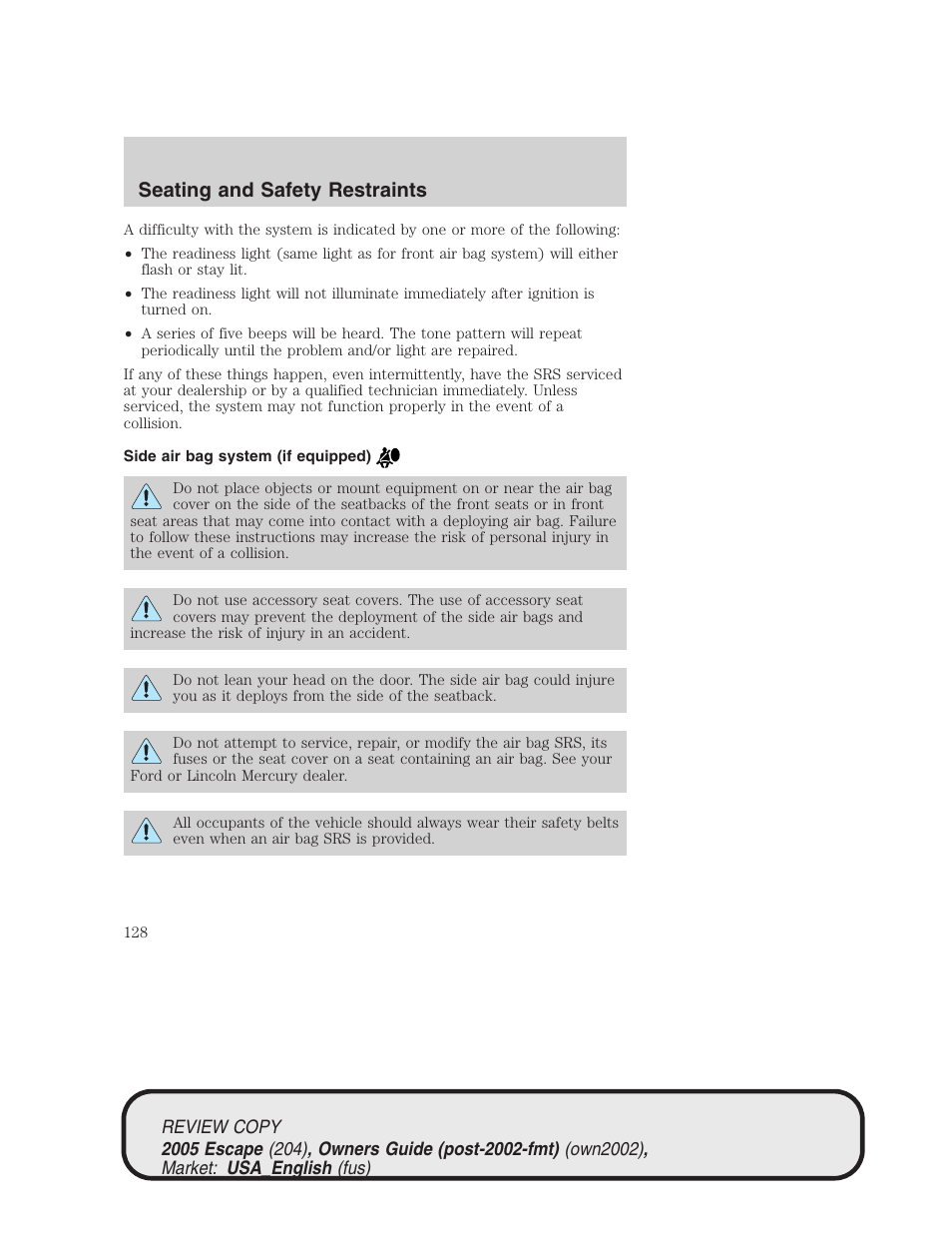 Seating and safety restraints | FORD 2005 Escape v.3 User Manual | Page 128 / 288