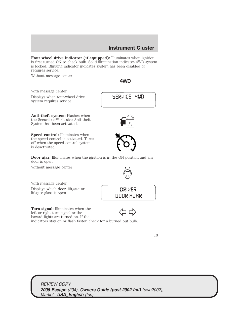 Instrument cluster | FORD 2005 Escape v.3 User Manual | Page 13 / 288