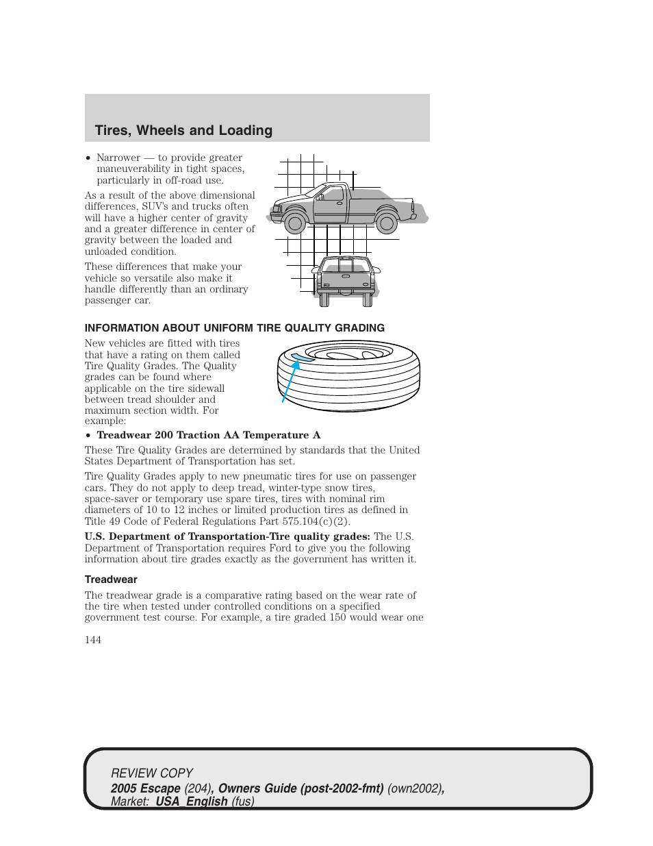 Tires, wheels and loading | FORD 2005 Escape v.3 User Manual | Page 144 / 288