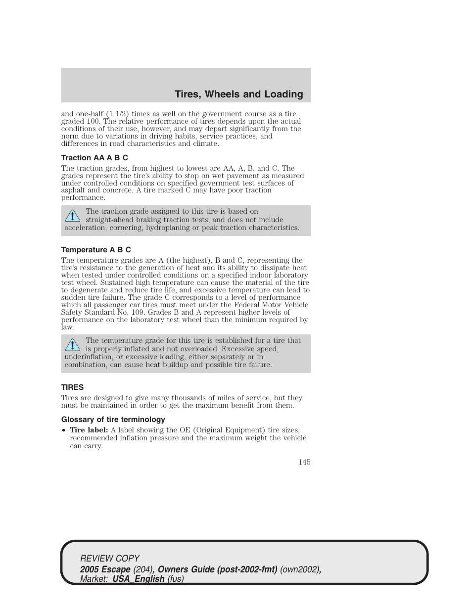 Tires, wheels and loading | FORD 2005 Escape v.3 User Manual | Page 145 / 288