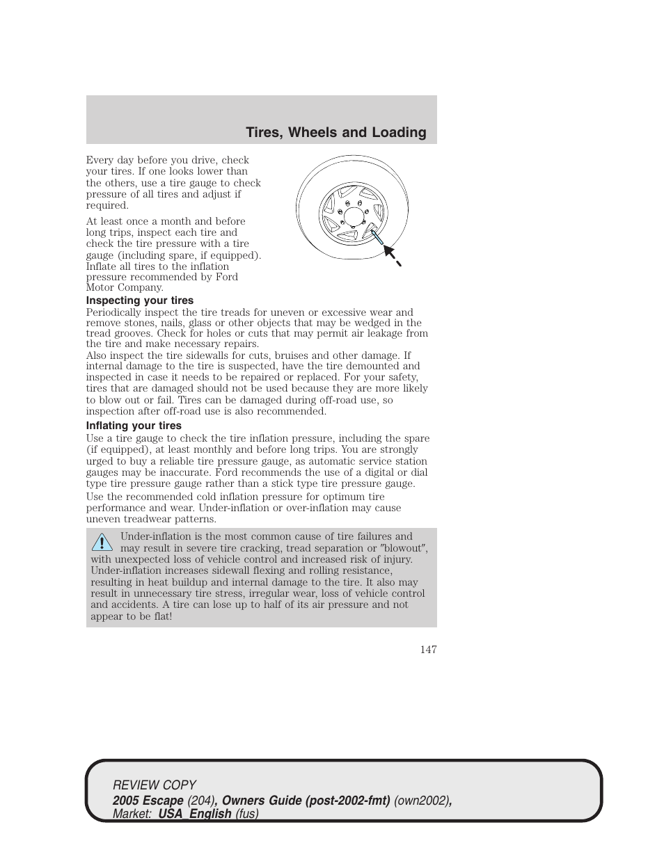 Tires, wheels and loading | FORD 2005 Escape v.3 User Manual | Page 147 / 288