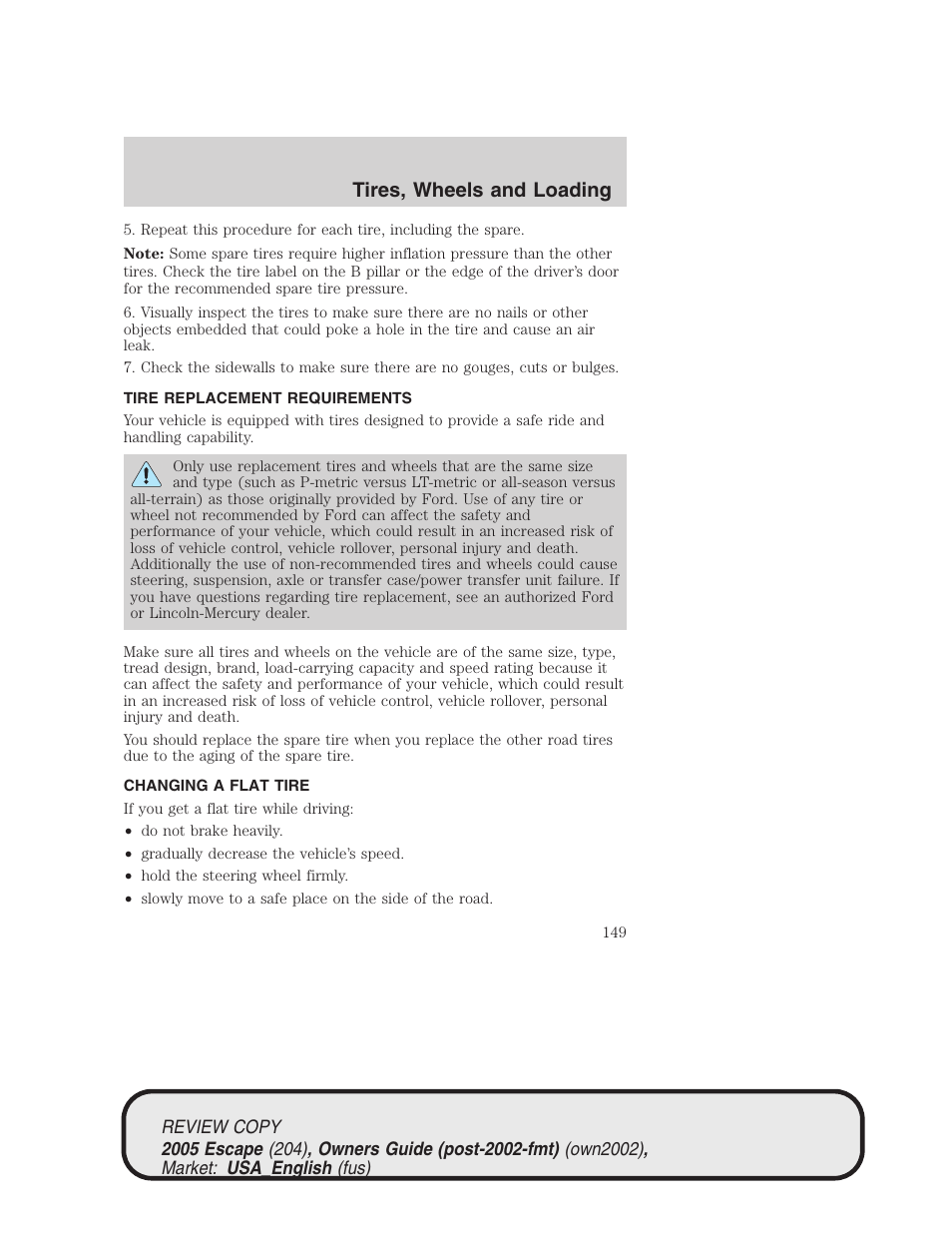 Tires, wheels and loading | FORD 2005 Escape v.3 User Manual | Page 149 / 288