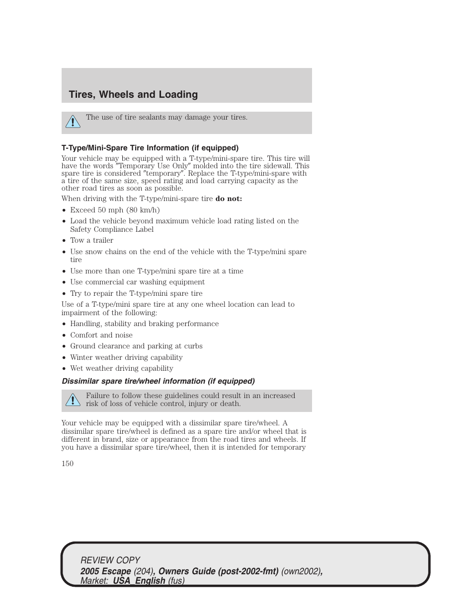 Tires, wheels and loading | FORD 2005 Escape v.3 User Manual | Page 150 / 288