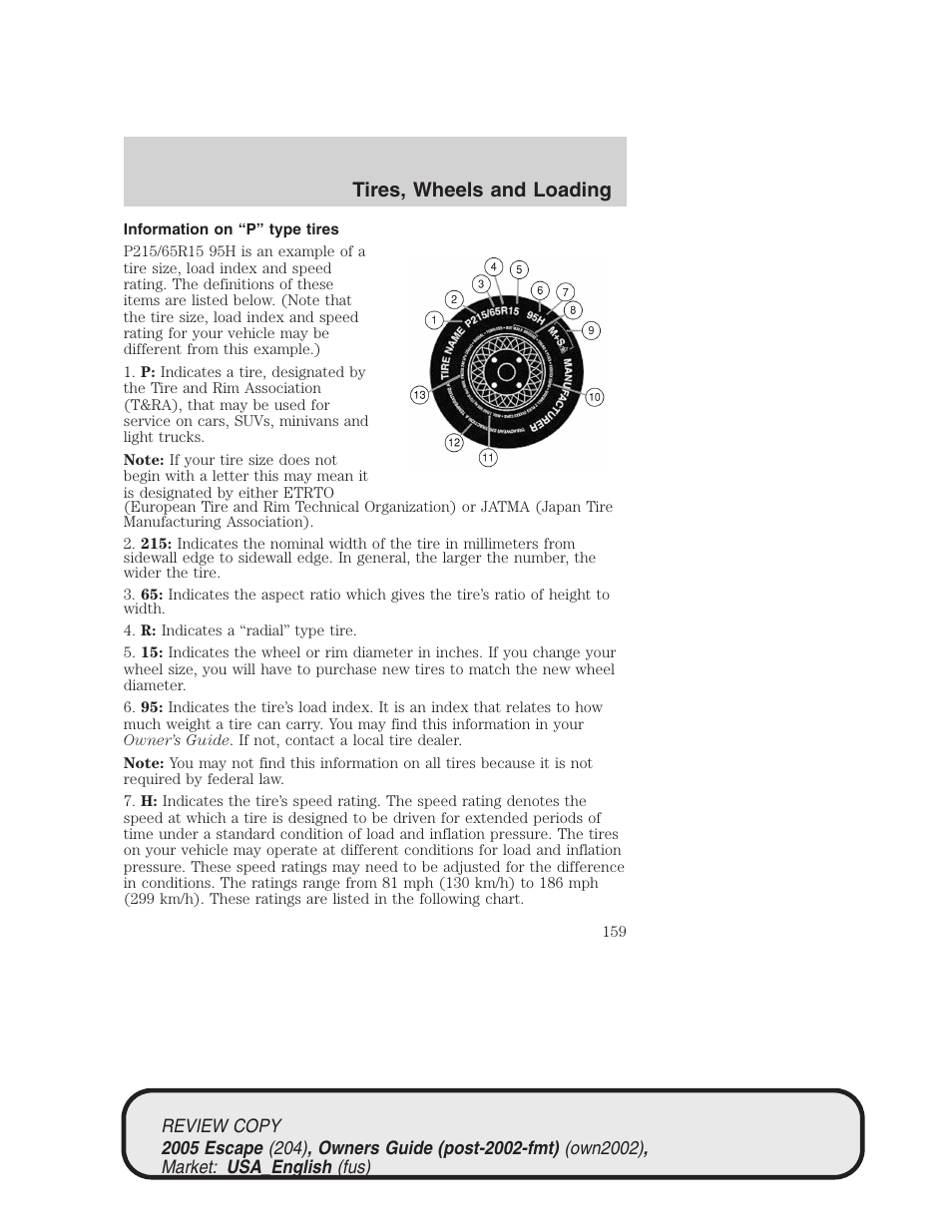 Tires, wheels and loading | FORD 2005 Escape v.3 User Manual | Page 159 / 288