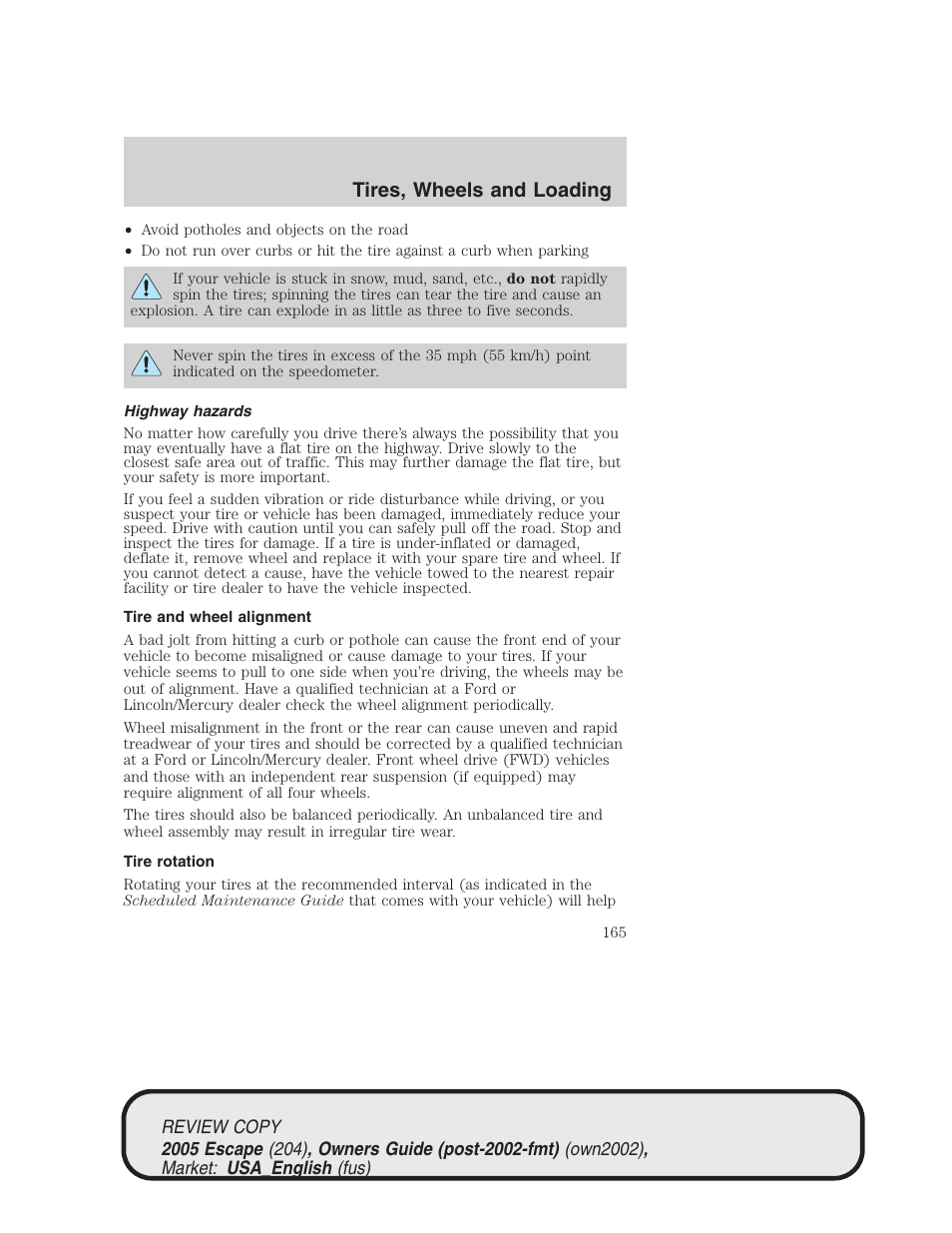 Tires, wheels and loading | FORD 2005 Escape v.3 User Manual | Page 165 / 288