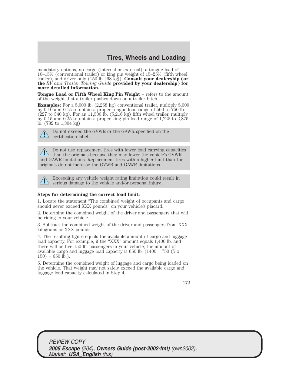 Tires, wheels and loading | FORD 2005 Escape v.3 User Manual | Page 173 / 288