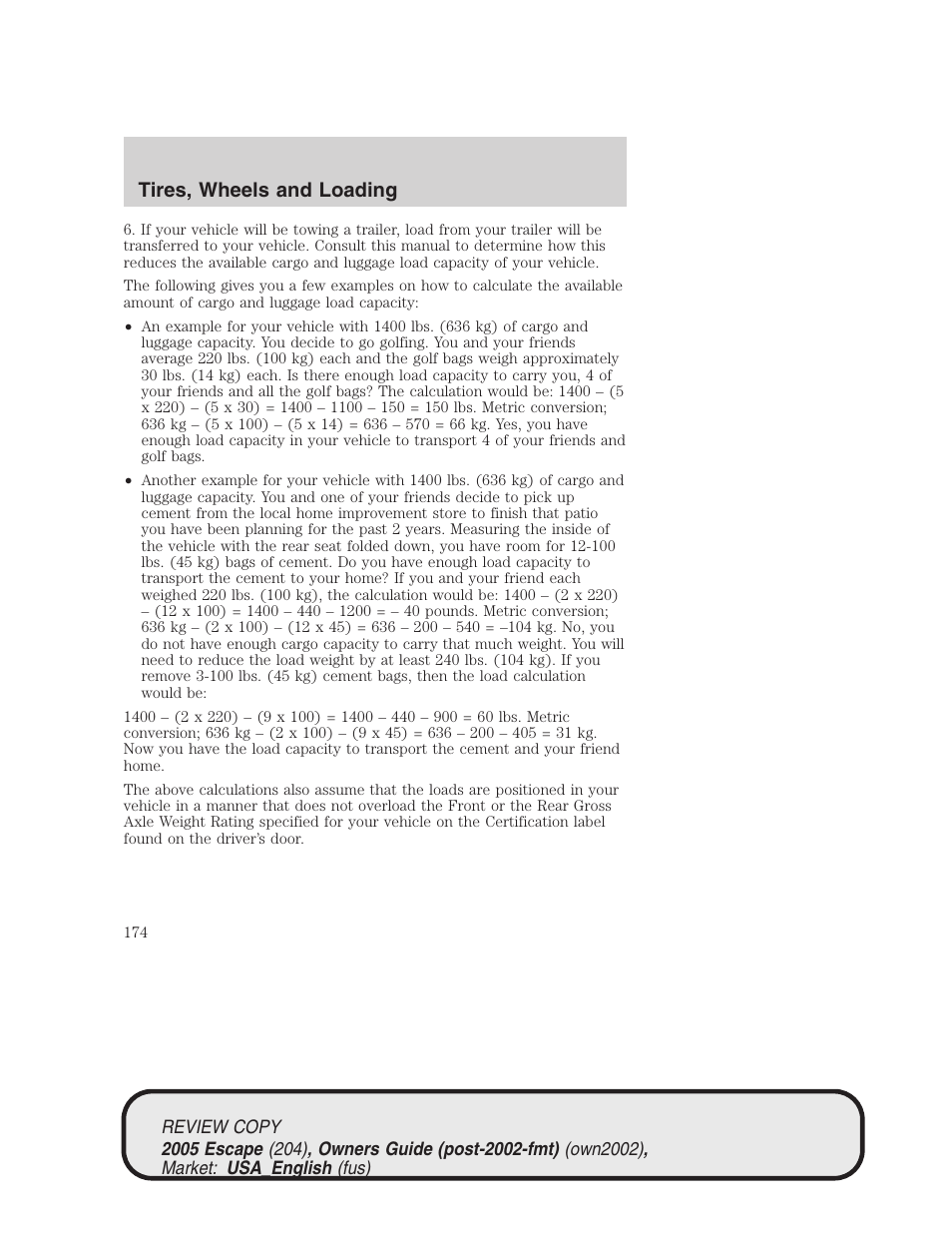 Tires, wheels and loading | FORD 2005 Escape v.3 User Manual | Page 174 / 288