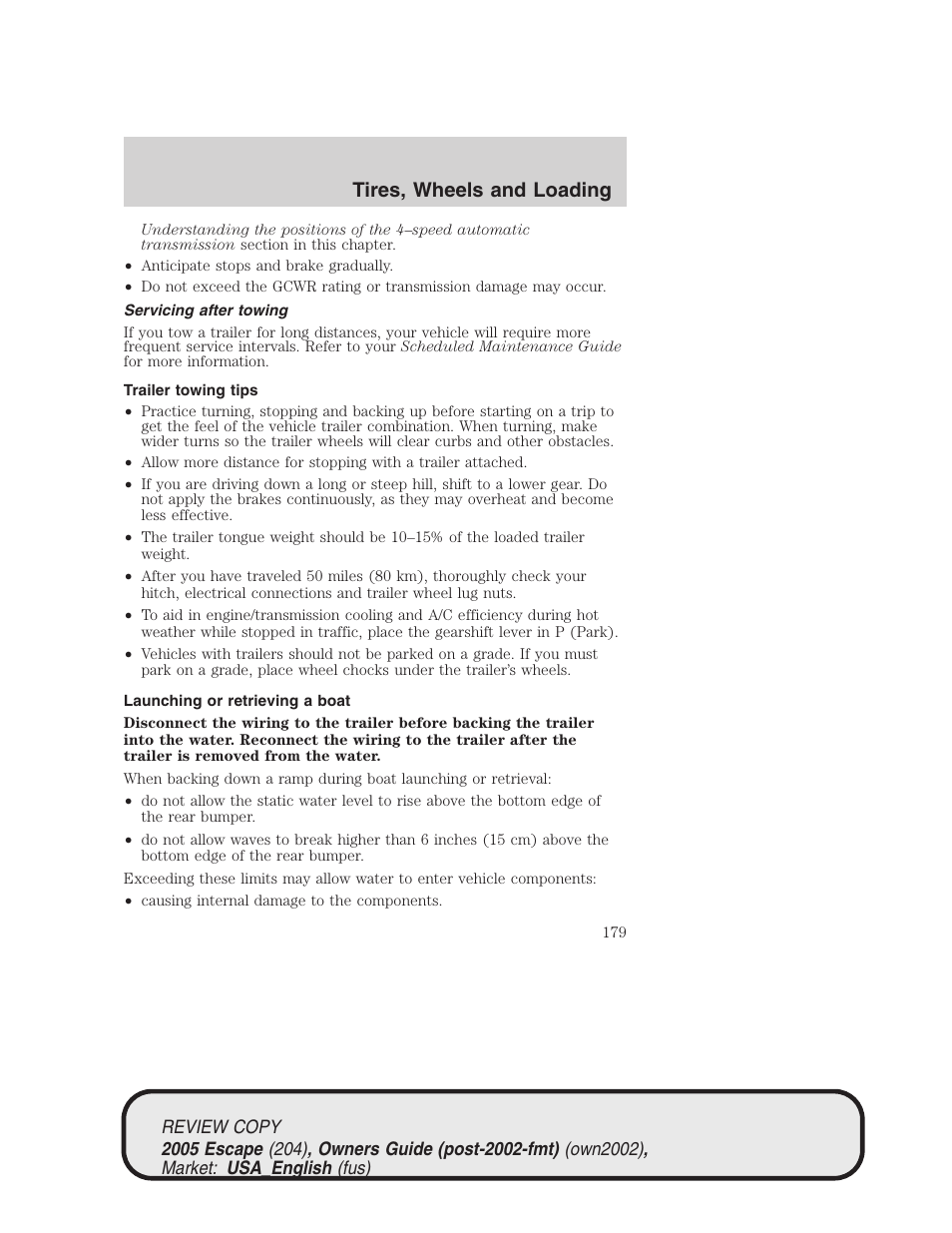 Tires, wheels and loading | FORD 2005 Escape v.3 User Manual | Page 179 / 288