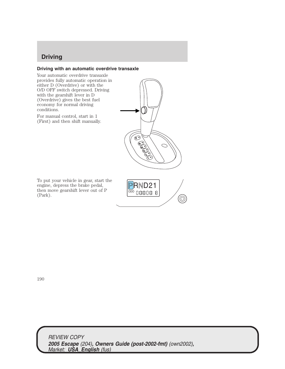 R d 2 1, Driving | FORD 2005 Escape v.3 User Manual | Page 190 / 288