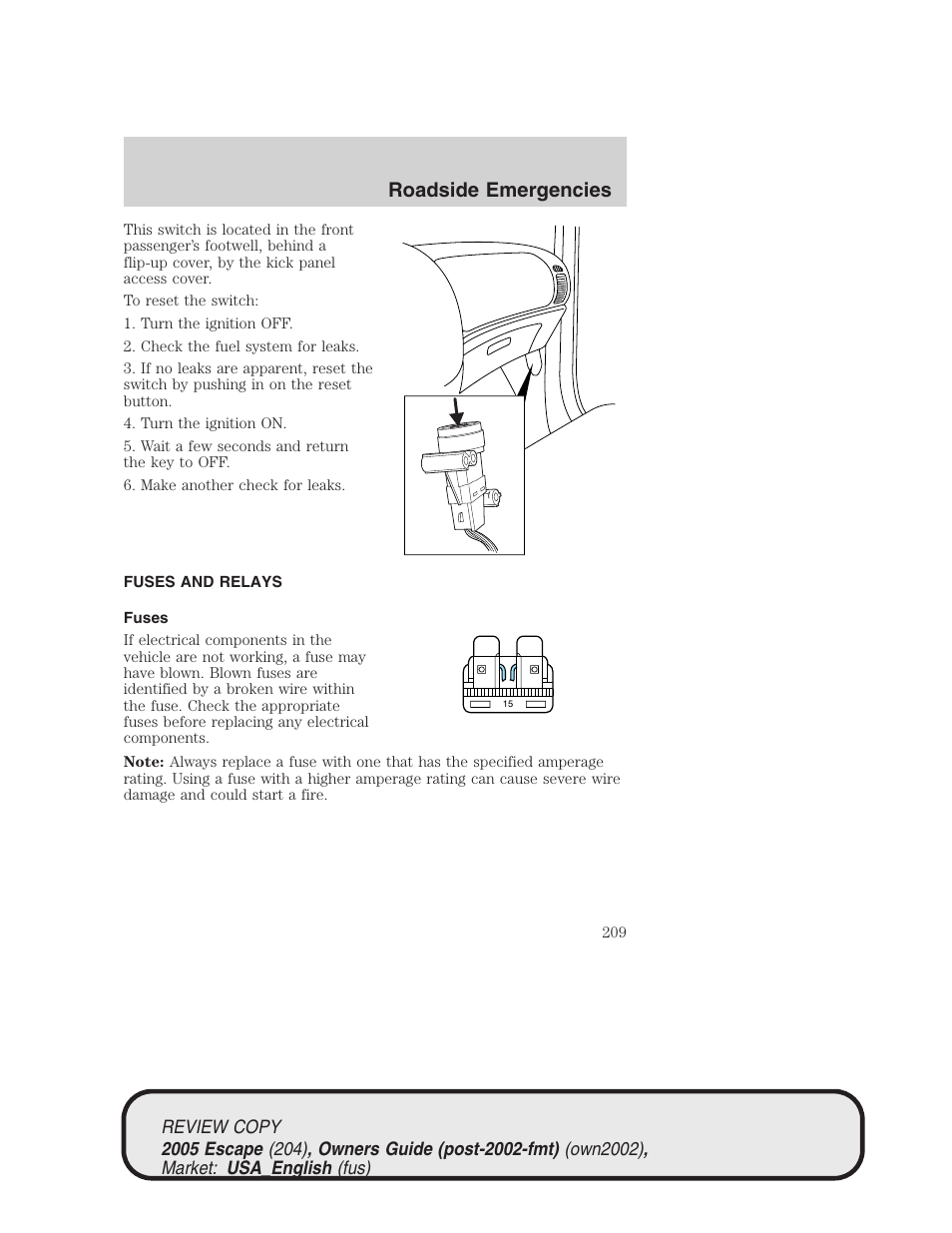 Roadside emergencies | FORD 2005 Escape v.3 User Manual | Page 209 / 288