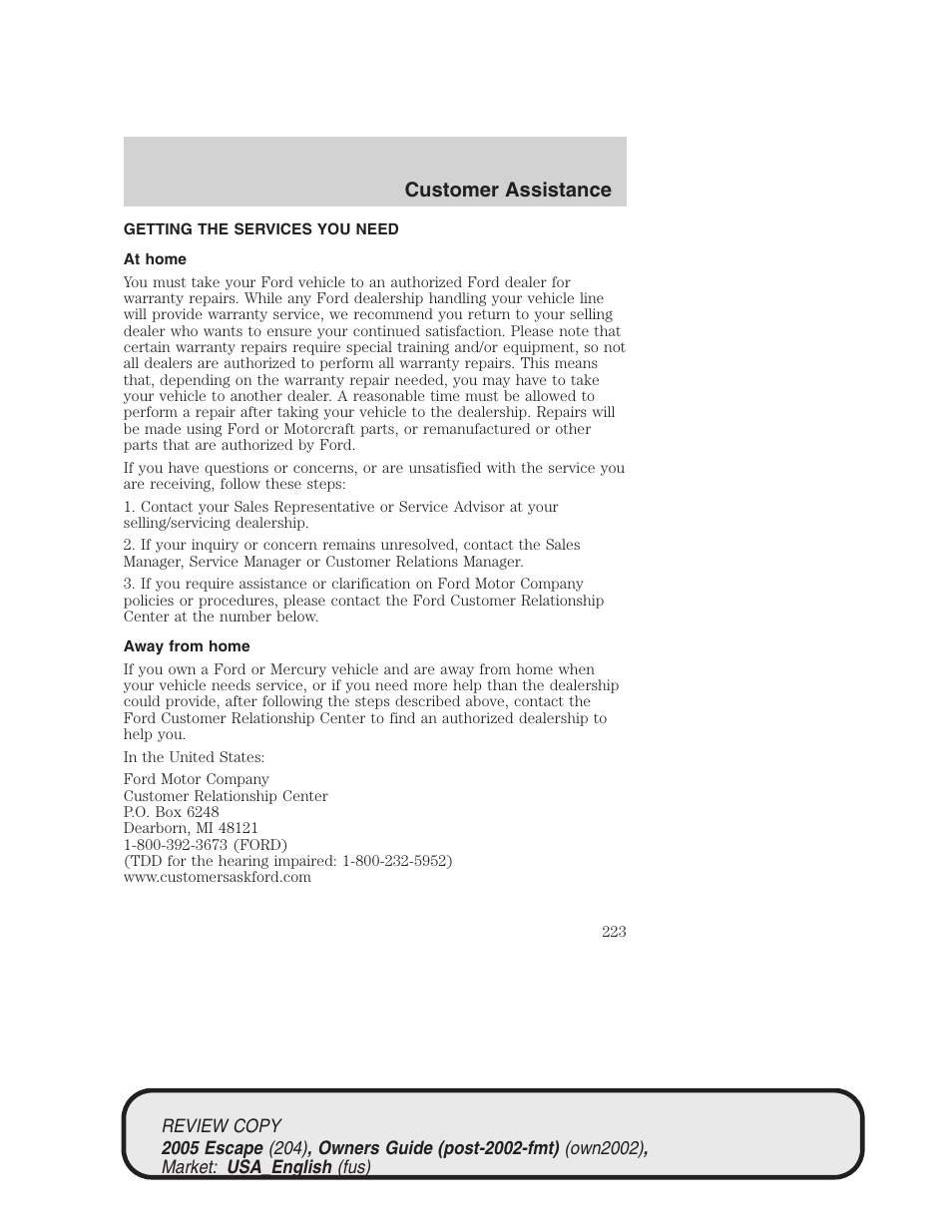 Customer assistance | FORD 2005 Escape v.3 User Manual | Page 223 / 288