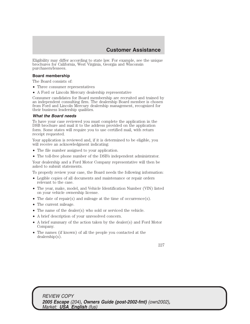 Customer assistance | FORD 2005 Escape v.3 User Manual | Page 227 / 288
